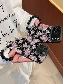 Pink Rose Flower Leather Phone Case, Handmade Beaded Heart Wrist Strap Included, Suitable For IPhone XR, 11, 12, 13, 14, 15, 16, 17, 17 Pro, 17 Pro Max - Multicolor - View 3