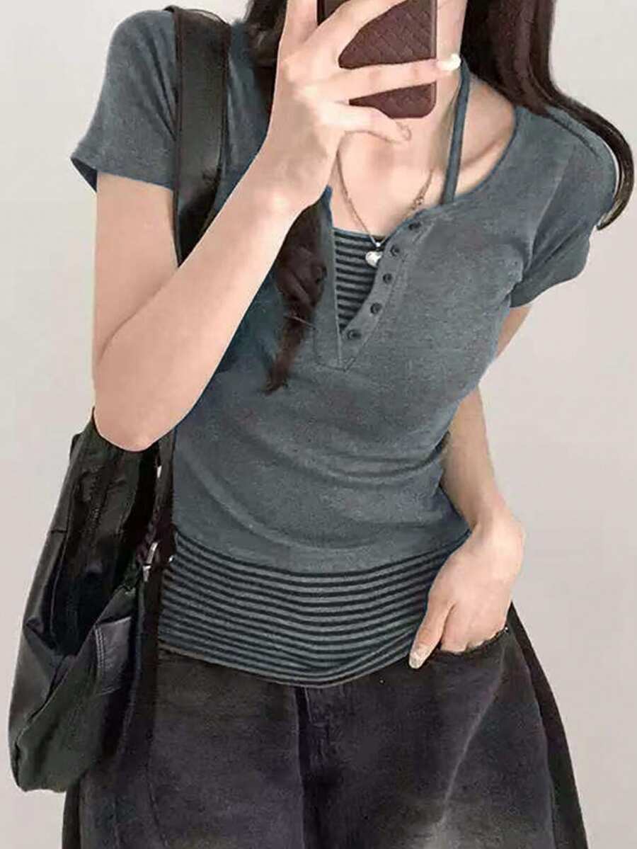 女士纽扣半开襟休闲短袖T恤配条纹吊带背心套装 - 灰色 - 查看 1