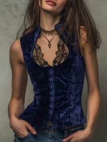 Áo hai dây nhung thanh lịch dành cho nữ, viền ren tương phản, cài cúc phía trước, hở lưng, dáng suông, không tay, kiểu dáng thường ngày mùa xuân. - Màu xanh lam - Xem 6