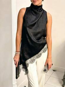 女士休闲蕾丝不对称下摆无袖宽松背心，优雅百搭的春夏街头风 - 黑色 - 查看 6
