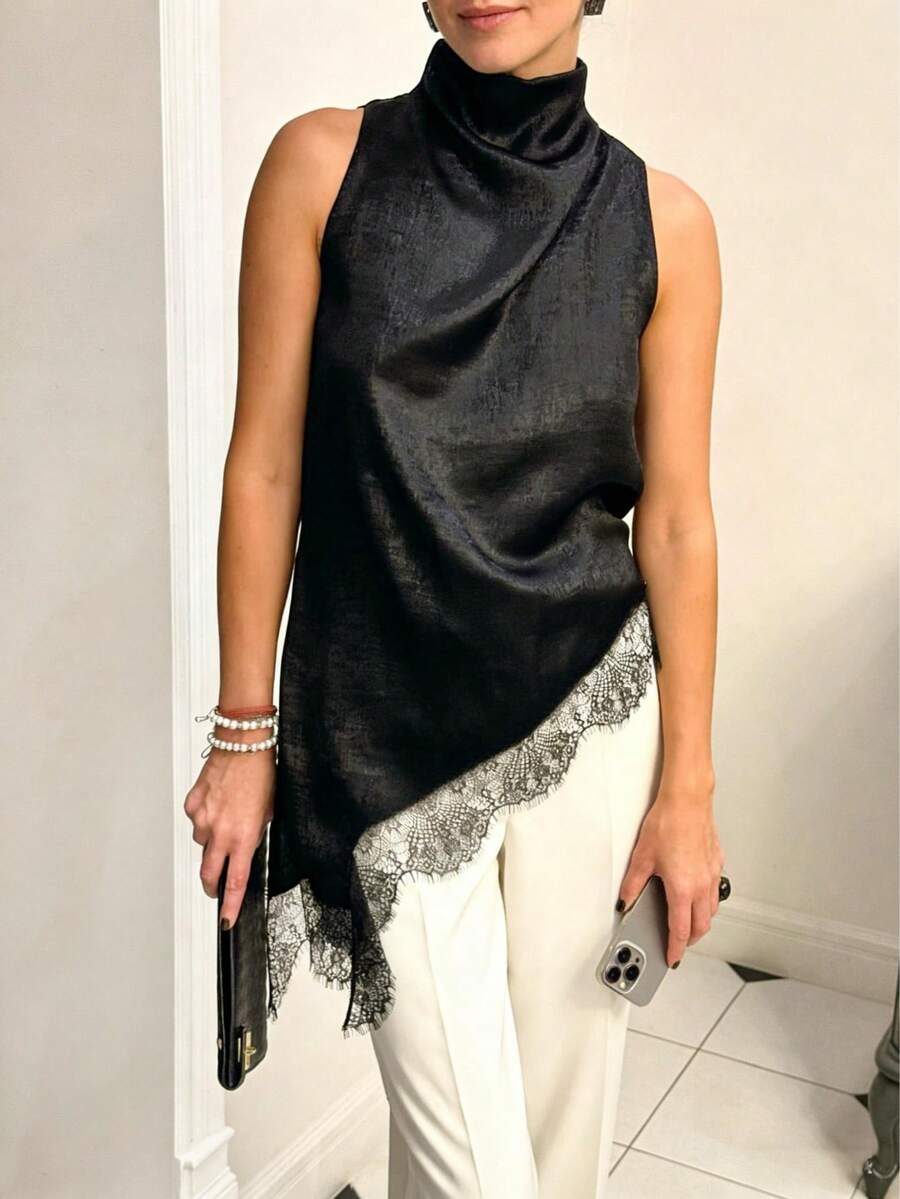 Women's Casual Lace Asymmetric Hem Sleeveless Loose Tank Top, Elegant Versatile Street Style For Spring/Summer