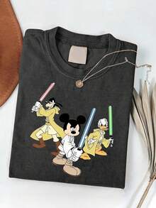 Disney Authorization-Fashion Short-Sleeved Cotton T-Shirts For Men And Women, Mickey Mouse And Friends, Star T-Shirts-Leisure And Comfortable Cotton Washed T-Shirts-Perfect Gifts For Teenagers And Girls-Suitable For Gifts. - Black - View 1
