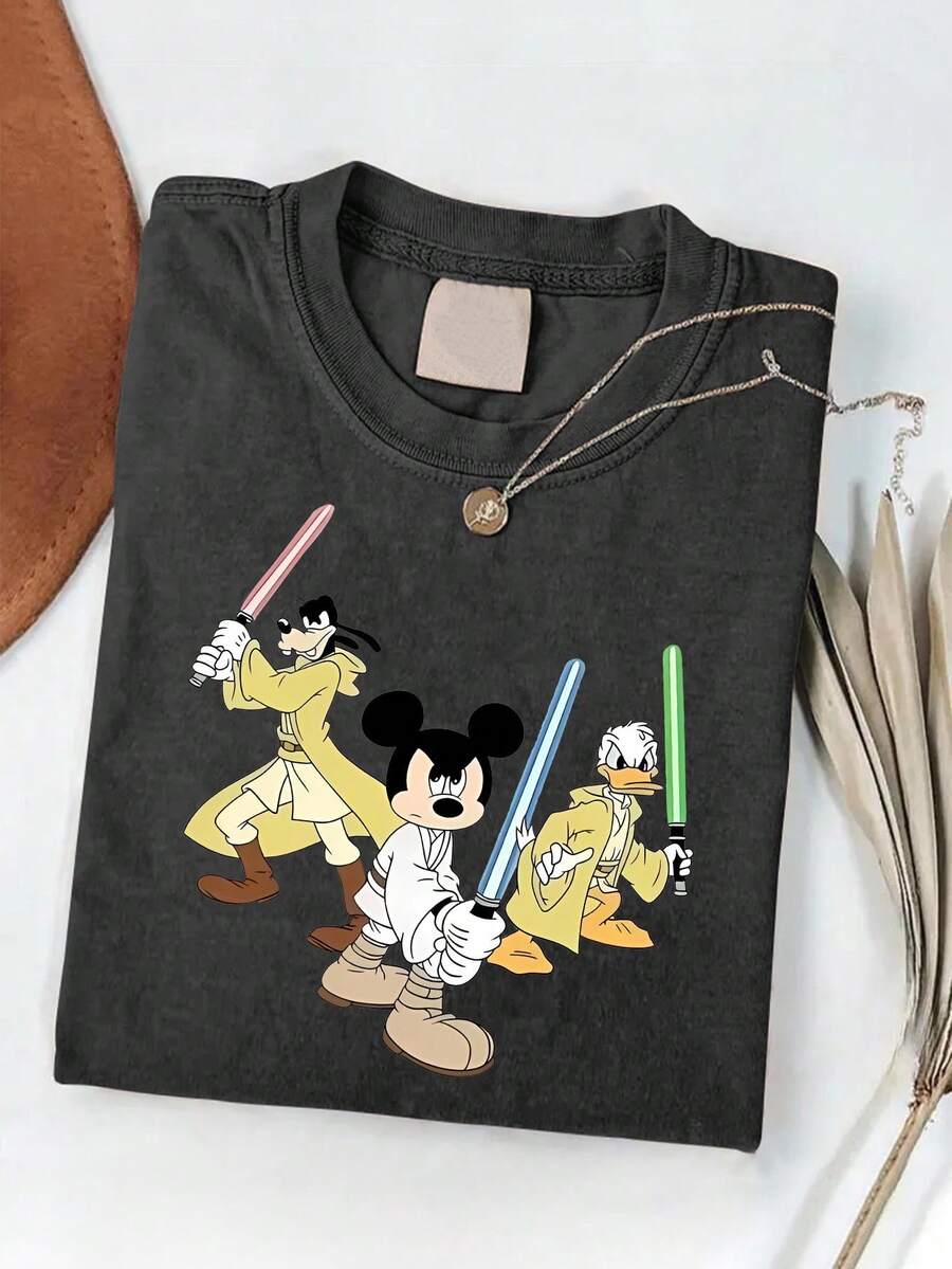 Disney Authorization-Fashion Short-Sleeved Cotton T-Shirts For Men And Women, Mickey Mouse And Friends, Star T-Shirts-Leisure And Comfortable Cotton Washed T-Shirts-Perfect Gifts For Teenagers And Girls-Suitable For Gifts. - Black - View 1