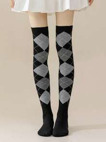 1 Pair Spring Autumn Winter Jk Dance Geometric Patterns Argyle Plaid Knee High Socks Thigh Over The Knee Socks, Y2k, Cozy - 36-39 - 查看 1