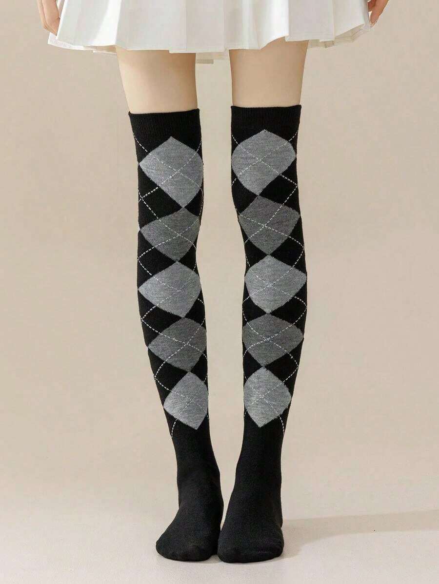 1 Pair Spring Autumn Winter Jk Dance Geometric Patterns Argyle Plaid Knee High Socks Thigh Over The Knee Socks, Y2k, Cozy - 36-39 - 查看 1