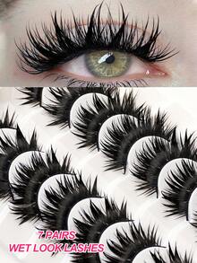 Waloshow 7 Pairs Luxurious Dramatic Fairy Wet False Eyelashes - Spiky & Thick & Fluffy Style With Wet Look & Moisturized Feel Reusable Fake Lashes - Black - View 9