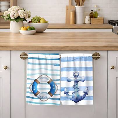 2/4 Pcs Set, Dish Towels, Lifesaver, Anchor Printed Soft Microfiber Absorbent Towels, Cooking & Baking Tea Towels, Dishcloths, Cleaning Rags, Hand Towels, Highly Absorbent And Soft, Kitchen Decor, Gifts For Neighbors, Mothers, Birthdays, Housewarming For Friends, Kitchen Essentials, Daily Necessities