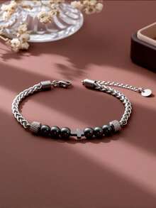 6毫米黑色玛瑙串珠十字架吊坠，搭配不锈钢圆链，时尚简约的中性设计 - 黑色 - 查看 2