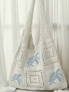 Women's Summer Beach Tote Bag - Crochet Design With Sea Turtle Pattern, Large Capacity Open-Top Tote, Beige Polyester, Suitable For Casual Outings And Coastal Vacations, Beach Tote Bag, Travel Accessory, Bohemian Fashion, Woven Texture, Spacious Tote Bag, Essential For Vacation, Ideal For Work, Back To School , Bohemian Outfit For Women , Beach Bag , Crochet, Holiday - 白色 - 查看 13