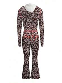 LovelyWholesale Women's Cute Hooded Long Sleeve Letter & Leopard Print Zip-Up Jacket And Flare Pants Set, Spring Break Outfit, Summer Vacation Wear - Brown - 查看 3