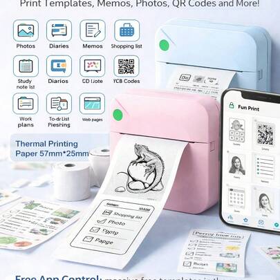 [Mini Thermal Printer] Inkless Sticker Printer Mini Thermal Printer With 1 Roll Of Thermal Paper, Wireless Pocket Printer Smart Portable Receipt Printer, Suitable For Photos, Diaries, Notes, And Memos