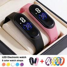 2条/套情侣TPU硅胶LED数字表带，1条黑色，1条粉色，配有4条可替换表带，显示时间、月份、年份、星期，适合上学、日常佩戴、节日及送礼。 - 彩色 - 查看 8