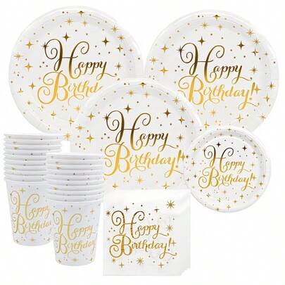 10 piezas/20 piezas Juego de vajilla desechable para fiesta de cumpleaños en blanco y dorado, que incluye platos, platos de postre, vasos de papel y servilletas, adecuado para celebrar cumpleaños y días festivos