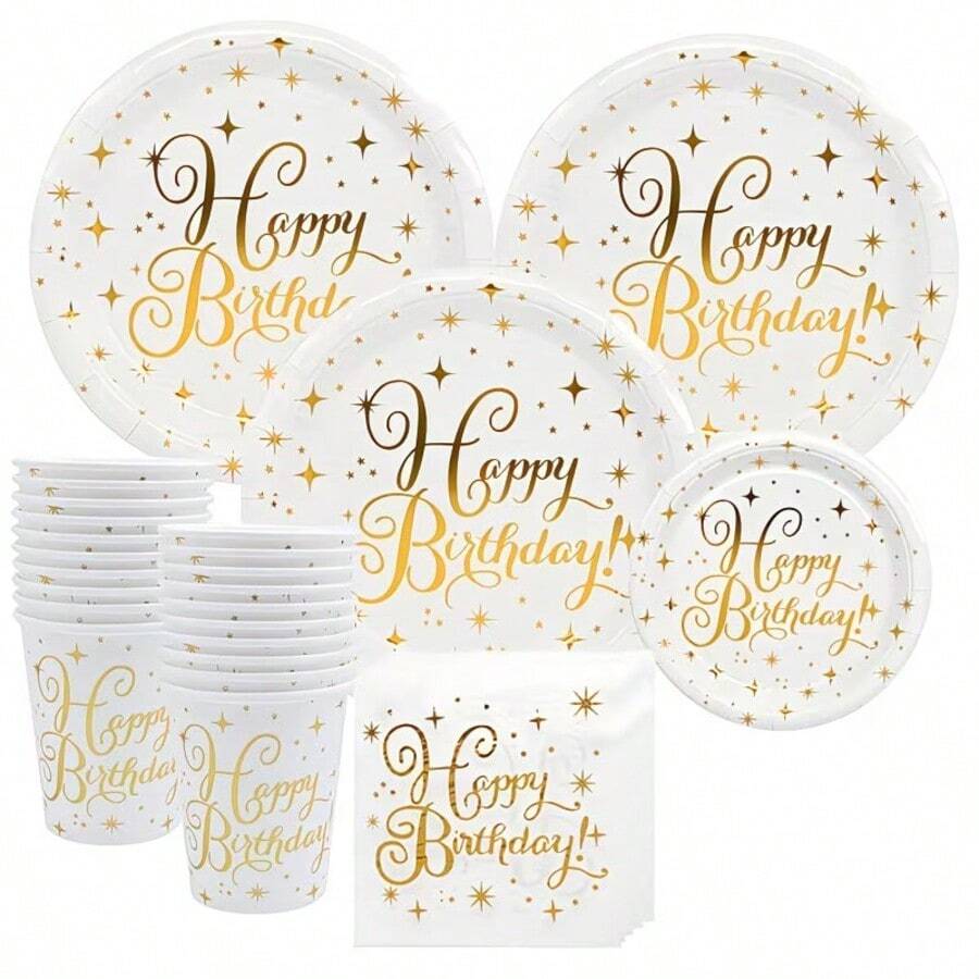 10件/20件白色和金色生日派对餐具套装，包括一次性餐盘、甜点盘、纸杯和餐巾纸，适合庆祝生日和节日。 - 多色 - 查看 1