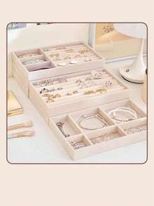 4pcs/Set Jewelry Tray, Stackable Jewelry Display Tray, Velvet Jewelry Tray, Grid Jewelry Tray, Jewelry Box, Jewelry Organizer, Suitable For Earrings, Necklaces, Bracelets, Rings, Multi-Size - Beige - View 5