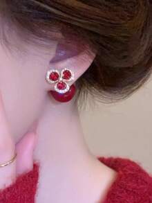 1对新款双面佩戴红色花朵和仿珍珠耳环，时尚百搭优雅节日耳环 - 紅色 - 查看 2