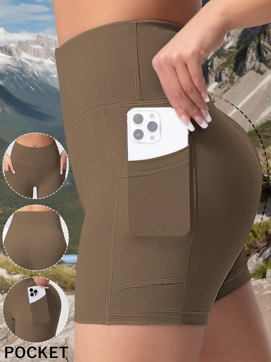 女士户外短裤，带口袋，提腰收紧修身短裤 - 棕色 - 查看 1