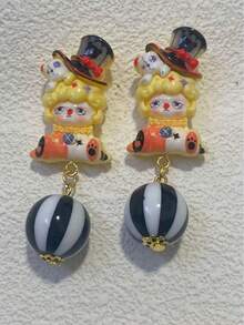 1对小丑学生领结和球形多巴胺黄色耳环，适合女性约会、派对、宴会、个性化夸张造型，圣诞节和万圣节耳环 - 黃色 - 查看 4