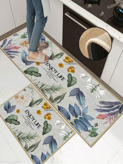 3.5mm Thick Soft Rubber Linen Kitchen Mat, Vintage Floral Style Absorbent Kitchen Rug, Edged To Prevent Peeling, Water-Absorbing And Easy To Clean, Linen Surface With Foam Middle And Rubber Bottom, Suitable For Kitchen, Bathroom, Laundry Room, Hallway And More