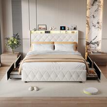 Caluself 90/140/60 X 200 Cm Bed Frame, Single Bed With 2 Drawers, Double Bed With 4 Drawers, Upholstered Bed, Youth Bed Frame, Drawer Bed, Velvet - 米色 - 查看 8