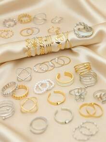 Conjunto de anillos con diseño geométrico de flor y hoja de perla para mujeres - Multicolor - Ver 3