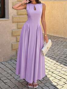 Look Polly 女士休闲长裙，A字高腰无袖镂空V领，收腰设计，法式浪漫波西米亚风格，优雅的春夏度假情人节嘉年华早午餐约会花园派对度假装扮 - 淡紫色 - 查看 3