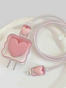 粉色心形5件套充电器保护套，兼容苹果14英寸数据线和13英寸Pro充电器，支持20W快充，女士礼物，妇女节礼物 - 彩色 - 查看 1