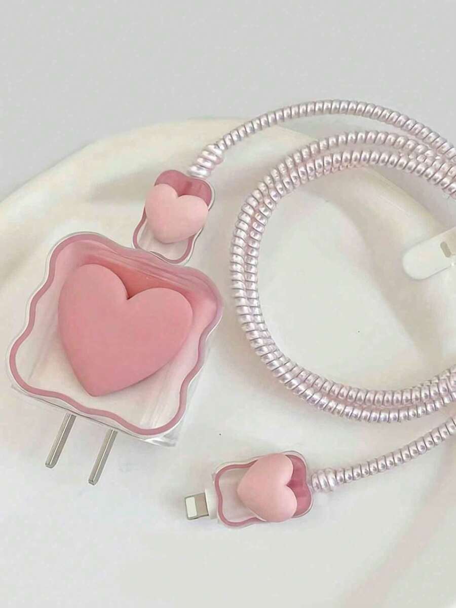 粉色心形5件套充电器保护套，兼容苹果14英寸数据线和13英寸Pro充电器，支持20W快充，女士礼物，妇女节礼物 - 彩色 - 查看 1