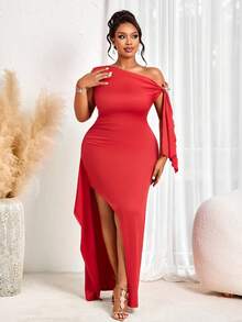 BIUBIU Plus Size Women's Red Asymmetric Hem Dress With Shoulder Strap Draped Sleeves And Front Slit, Elegant For Party, Wedding Guest, Gala Summer - Bright Red - View 6