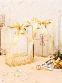 10个透明塑料礼品袋，带模切手柄，可重复使用PP花袋，配丝带，适用于婚礼、新娘、生日派对、毕业典礼、商务场合，可用作母亲节礼物包装（金色） - 金色 - 查看 3