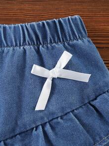 2件套女童户外休闲可爱蝴蝶结缎带透气白色条纹无袖上衣和复古甜美荷叶边蓝色牛仔裙套装，夏季 - 彩色 - 查看 7