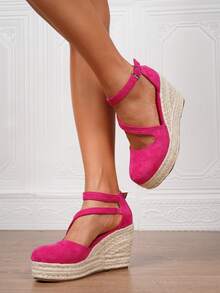 女士仿皮坡跟凉鞋,夏季度假款,方头套脚式,3.15英寸鞋跟,舒适编织镂空鞋,尺码34-43 - 玫紅色 - 查看 8