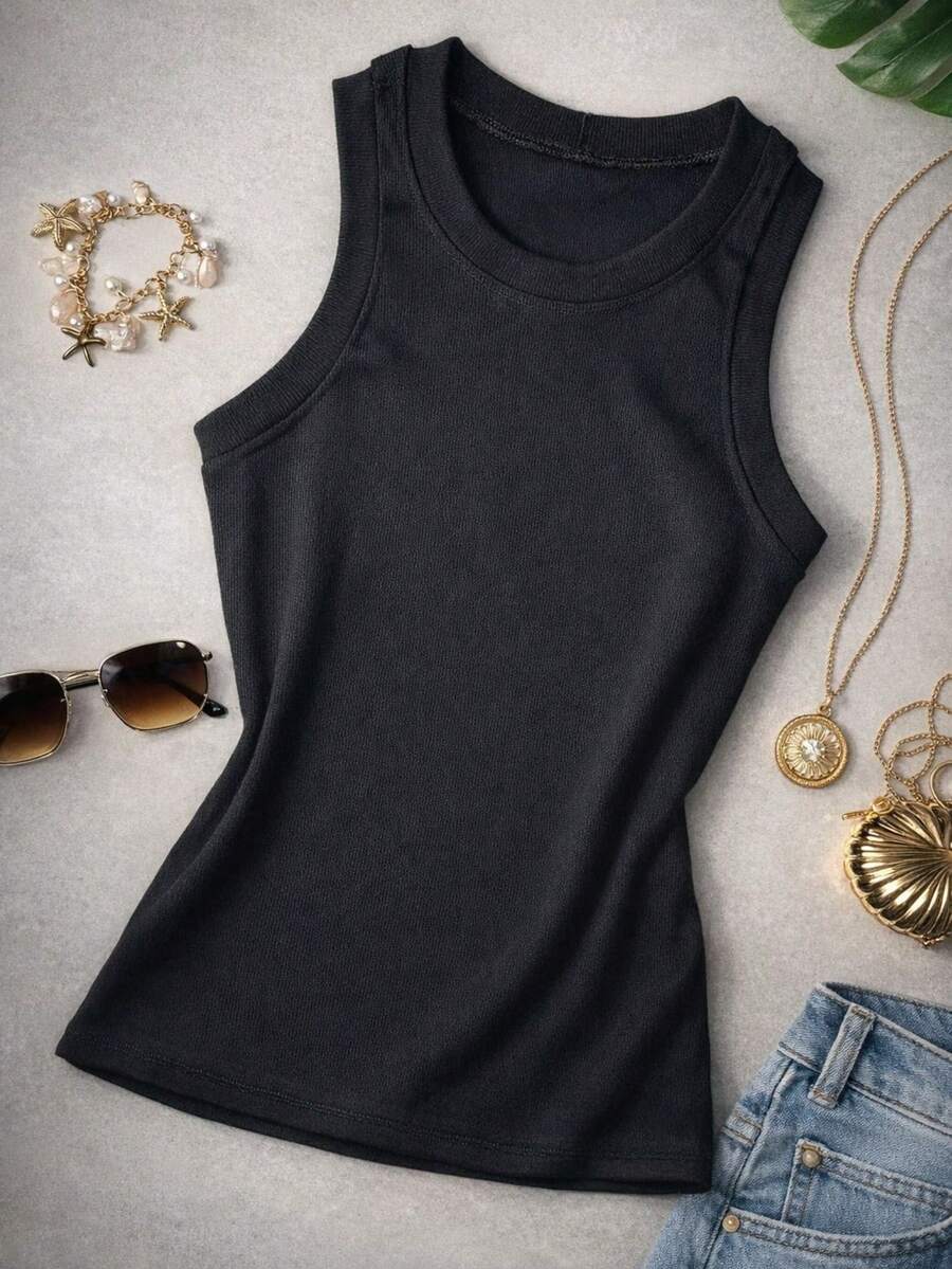 Women's Basic Long Ribbed Tank Top - 黑色 - 查看 1