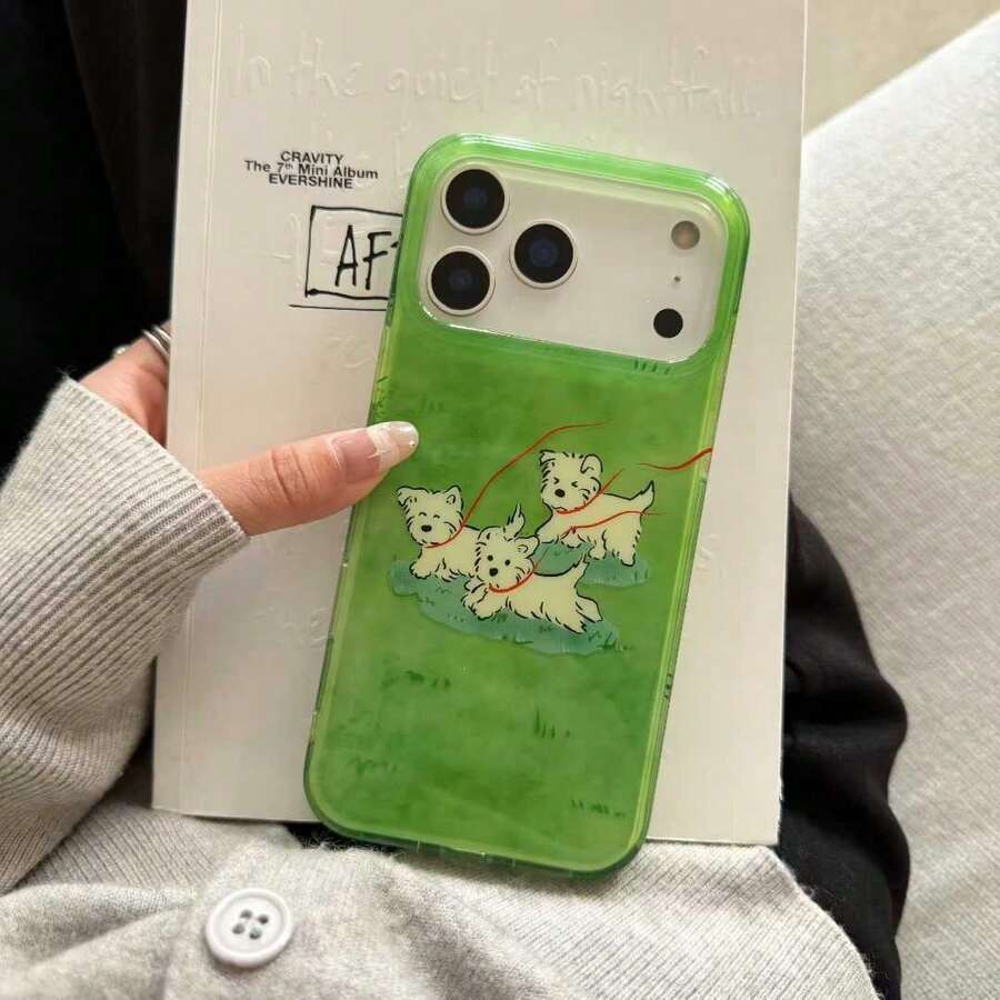 Dog Cute Cartoon Running Puppy Green Jelly Candy Phone Case, Suitable Compatible With Iphone 17 Pro Max, 17 Pro, 16, 15, 17 Pro Max, 14 Pro, 13, 12, 11, 15, 16 Plus, Adorable Frame Full Coverage Anti-Fall Phone Case - Green - View 1