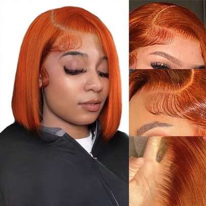 姜橙色真人发波波头假发，T字型蕾丝前额，180%密度，直发，预先拔毛，带婴儿绒毛，适合女性，外观自然，适合派对和日常佩戴，日常假发