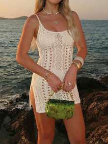 女士夏季欧美针织沙滩度假波西米亚风性感透视开衩沙滩罩衫钩针背心露脐吊带裙 - 白色 - 查看 3