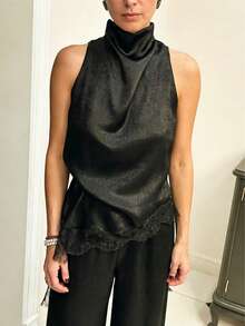 女士休闲蕾丝不对称下摆无袖宽松背心，优雅百搭的春夏街头风 - 黑色 - 查看 5