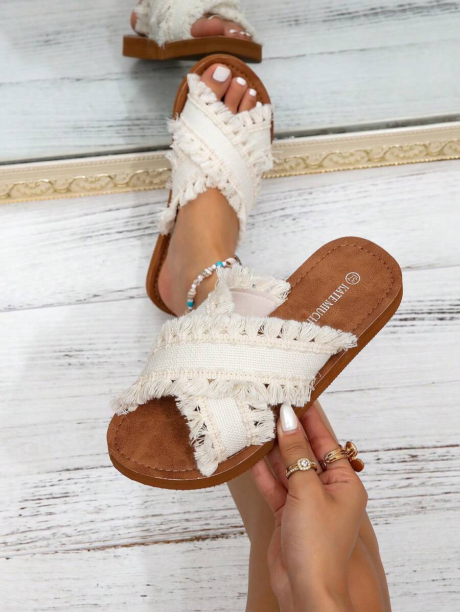 Kate Miuch Women's Original Design Elegant Tassel Flat Sandals In Beige, Suitable For Beach, Sweet And Cute Peep Toe, Breathable And Comfortable, Lightweight For Holiday, Ideal For Party, Banquet And Casual Occasions