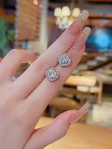 Fashionable Minimalist Exquisite Sparkling Fully Paved Square Rhinestone Luxurious Elegant Small Square Stud Earrings - White - View 5