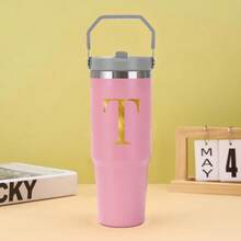 30oz Water Bottles Stainless Steel Insulated Tumbler With Carry Handle Double Walled Leak Proof Fits Most Cup Holder Water Cup For Gym Home Office Travel A-Z Letters Gold Pattern - Multicolor - View 34