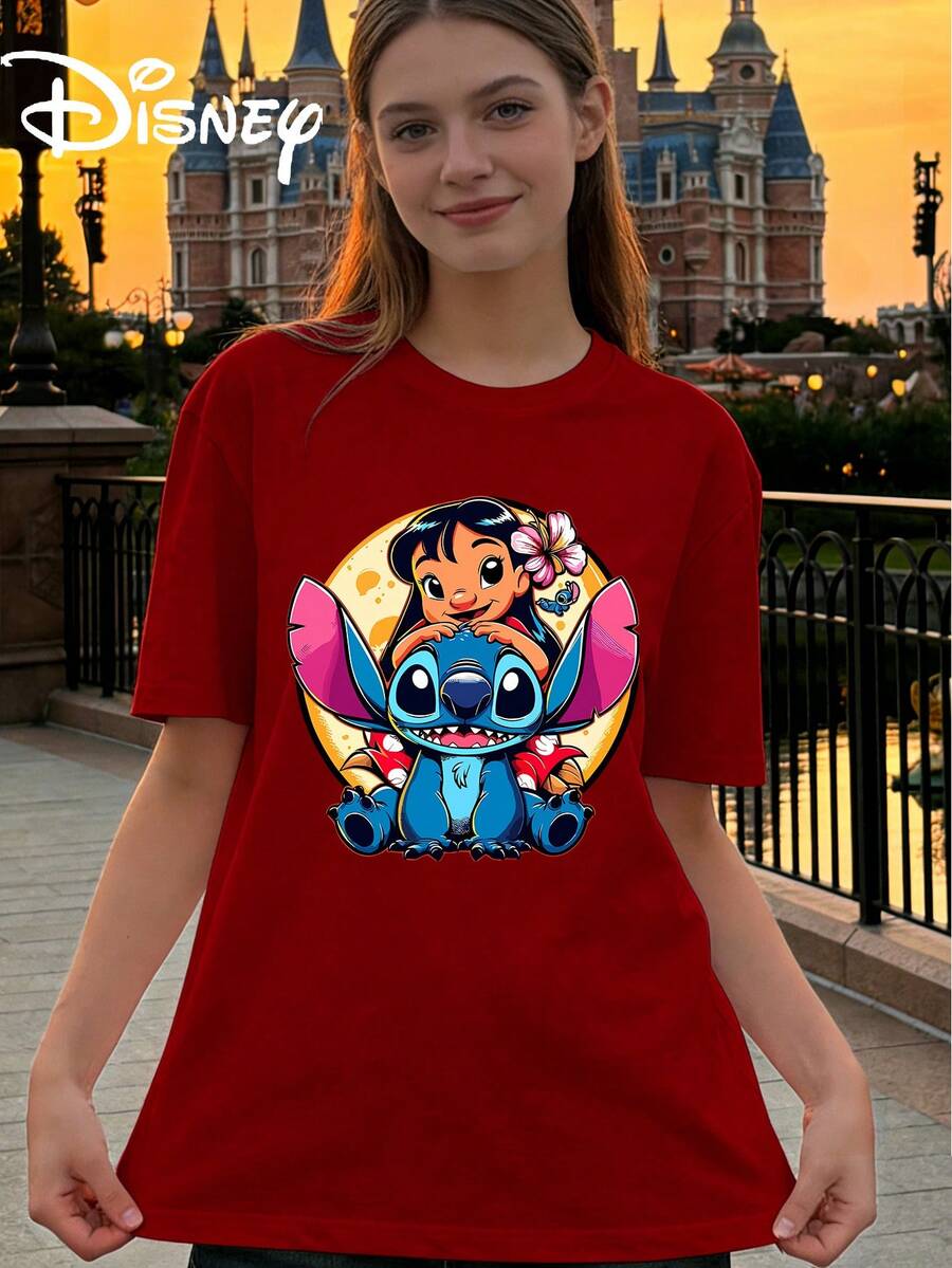 Disney Interstellar Baby Lilo Riding Stitch Printed Loose Short Sleeved T-Shirt Women's Casual Top - 紅色 - 查看 1