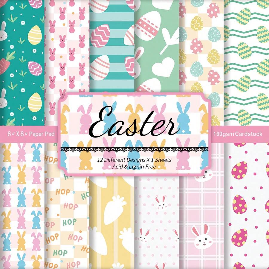 12 piezas de papel decorativo de Pascua con huevos de Pascua y conejos de dibujos animados - Papel artesanal decorativo de 6x6 pulgadas para hacer diarios, origami, tarjetas, álbumes de fotos y decoraciones de fiesta, suministros de scrapbooking de Pascua - Multicolor - Ver 1