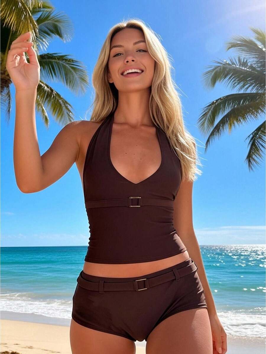 Women's Summer Tankini Swimsuit Set Fashionable Solid Color Halter Tops With Micro Shorts 2Pcs Bathing Suit - Coffee Brown - View 1