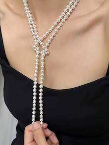 石佳珍珠多层长项链，优雅毛衣链，百搭高端秋冬项链 - 白色 - 查看 2