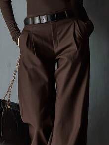 1pc Women's Casual Straight Solid Color Pants, Comes With 1 Belt Spring - Coffee Brown - View 4