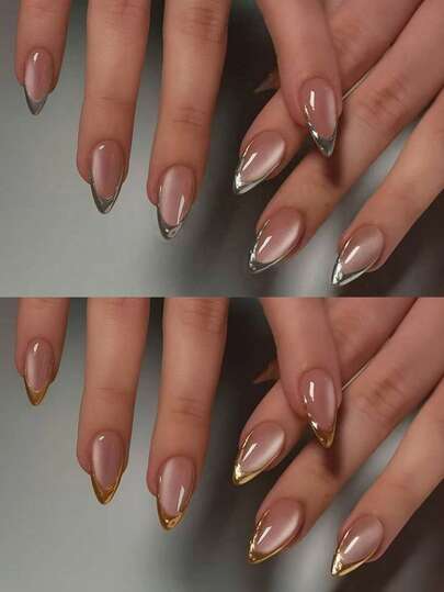 48片（2种款式）手工制作长杏仁形3D美甲贴纸，可打造法式猫眼美甲，银色法式和金色法式尖头美甲贴纸，中号，完美适配亚克力指甲，包含1支凝胶和1把指甲锉，适合女性日常工作、节日和派对场合。