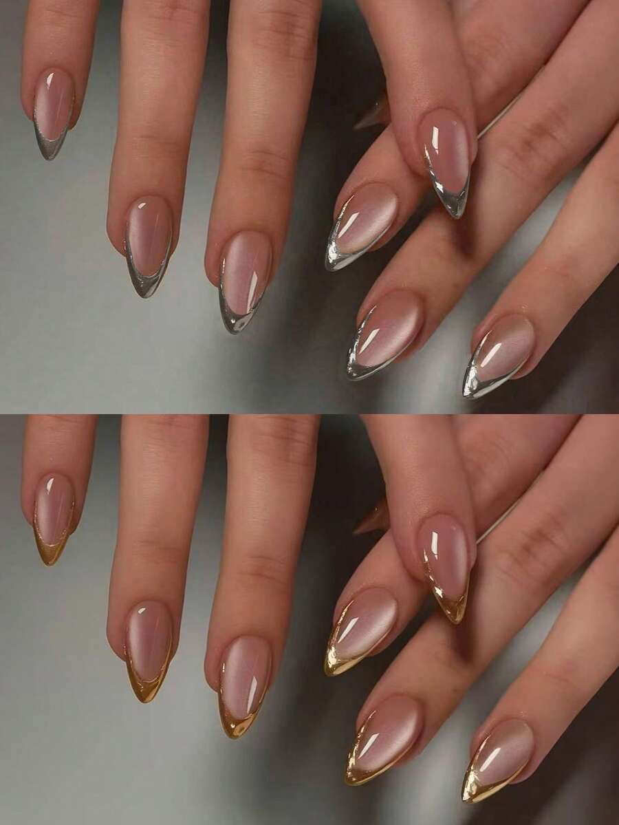 48片（2种款式）手工制作长杏仁形3D美甲贴纸，可打造法式猫眼美甲，银色法式和金色法式尖头美甲贴纸，中号，完美适配亚克力指甲，包含1支凝胶和1把指甲锉，适合女性日常工作、节日和派对场合。