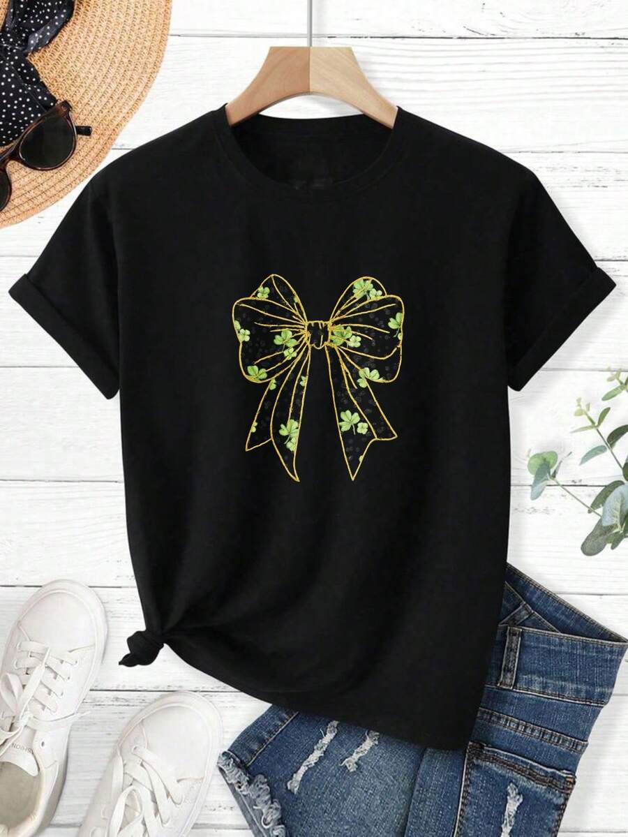 Men's T-Shirt, Women's T-Shirt, St Patrick's Day Themed Designs Featuring, Golden Bow With Green Clover Pattern Print On Black T Shirt Comfortable And Versatile Outdoor Casual Short Sleeve - Negro - Ver 1