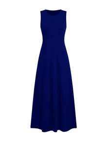 Vuslat 女士纯色无袖修身滑冰裙，无袖圆领系带喇叭裙，纯色弹力修身中长连衣裙，优雅百搭，适合度假、婚礼、生日、派对、晚宴、新年、情人节、通勤、办公等场合。 - 寶藍色 - 查看 7