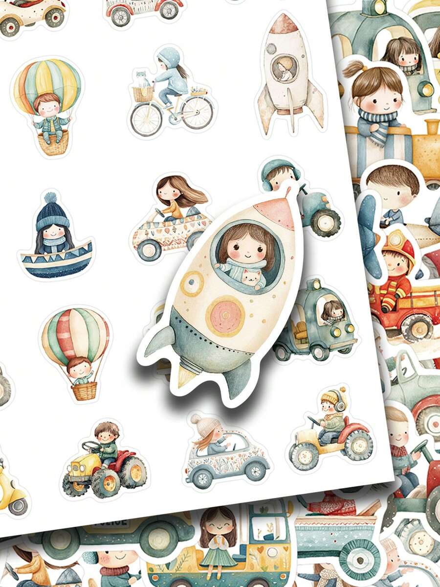50pcs Cartoon Vehicles Stickers Aesthetic Transport Vibes For Journal, Phone Case, Tablet, Water Bottle, Helmet, Bike, Luggage, Waterproof Decals - Multicolor - View 1